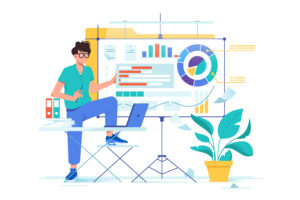 Flat young businessman presentation new data analysis with diagram. Concept man chatacter with laptop, folders, pland and whiteboard. Vector illustration.